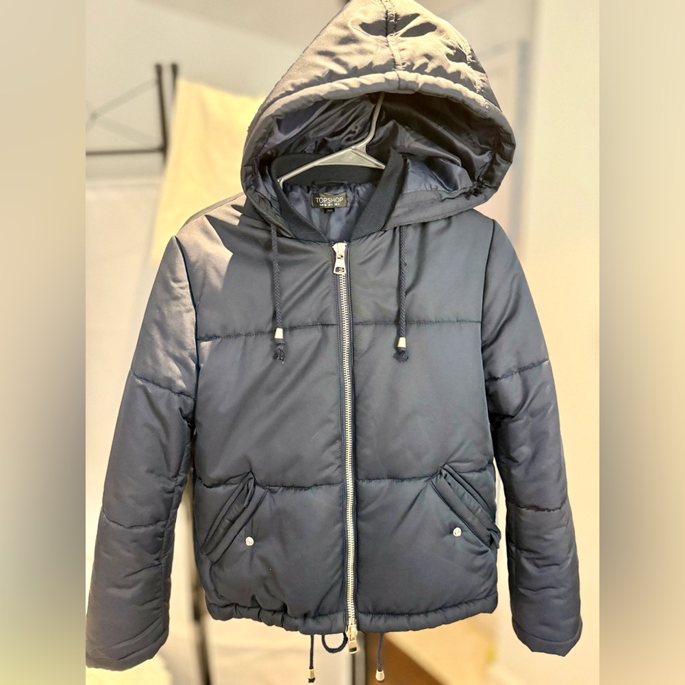 Topshop Navy Bomber Jacket with Hood